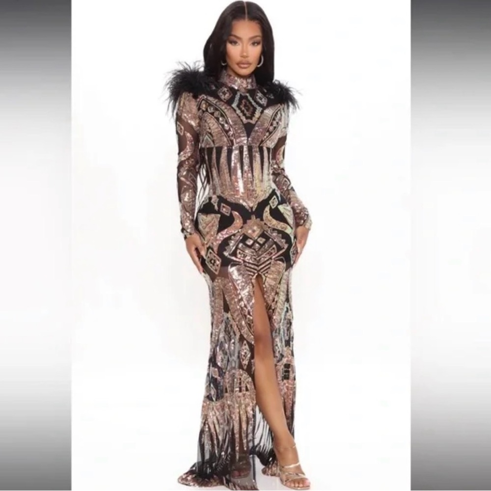 Fashion Nova Black and Gold Long Sleeve Dress